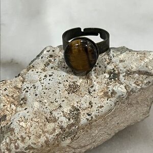 Brown Button Tiger Stone Ring